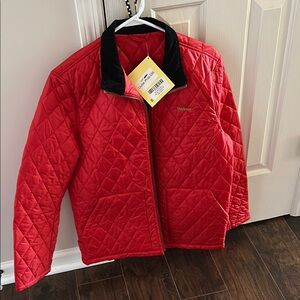 Barbour red quilted jacket with black corduroy collar